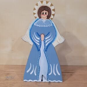 Vtg Handmade Wood Angel Stocking Holder Square Cut Nail Hand Painted Christmas